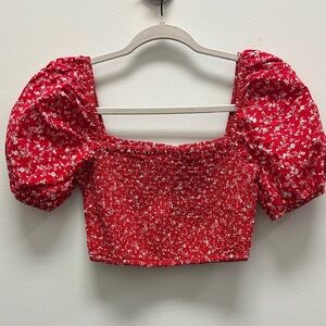 Altar'd State Red Floral Blouse with Puff Sleeves